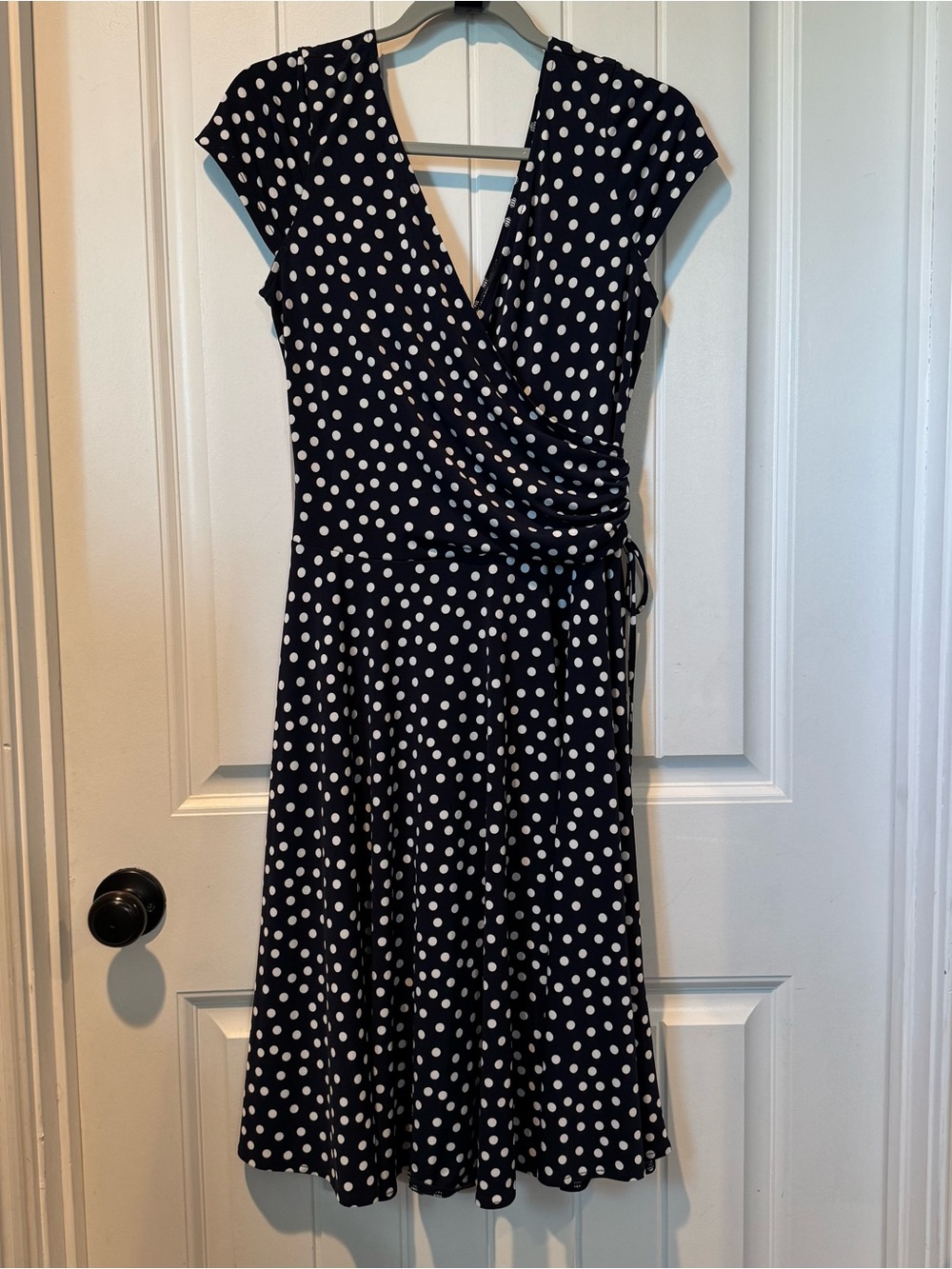 Maggy London Navy and White Polka Dot Midi Wrap Dress